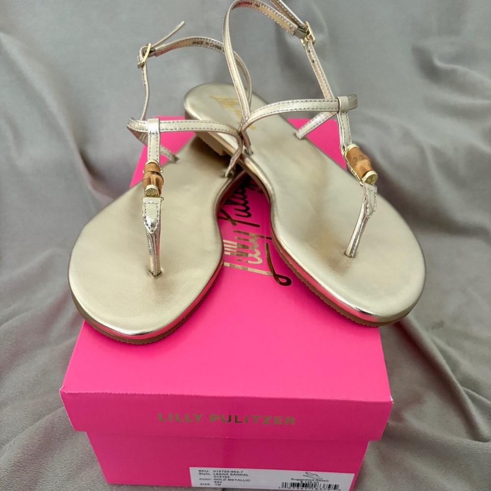 Lilly Pulitzer Leena Sandal Gold Metallic Leather Size 7 NWT Boxed